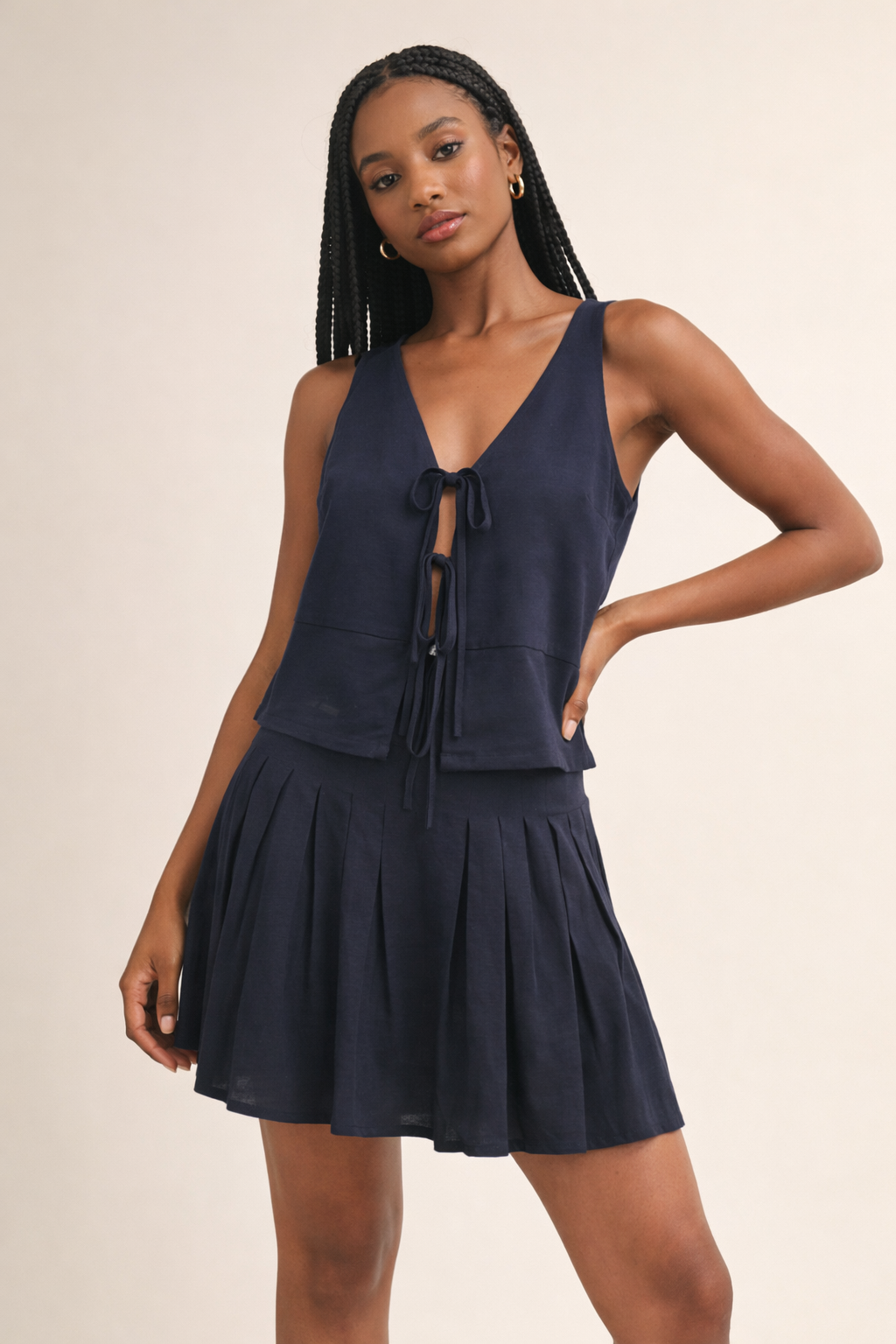 Navy Linen Tie Front Vest And Skirt Set