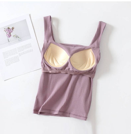 Basic Essential cotton square neck rib tank top w self bra: Black / S