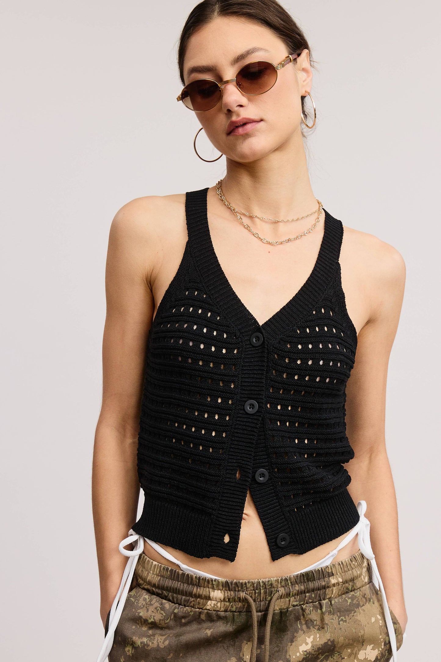 Open Stitch Button Front Knit Tank