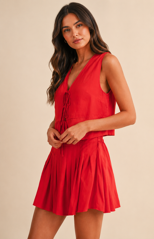 Red Linen Vest And Skirt Set