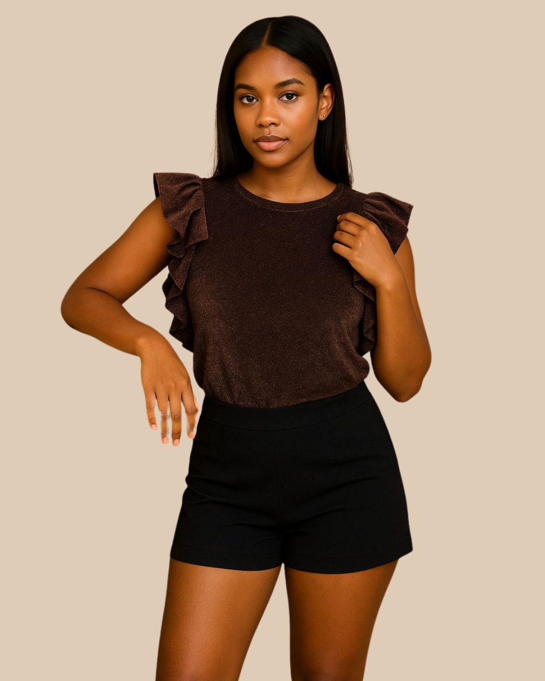 Brown Puff Ruffle Sleeve Metallic Top