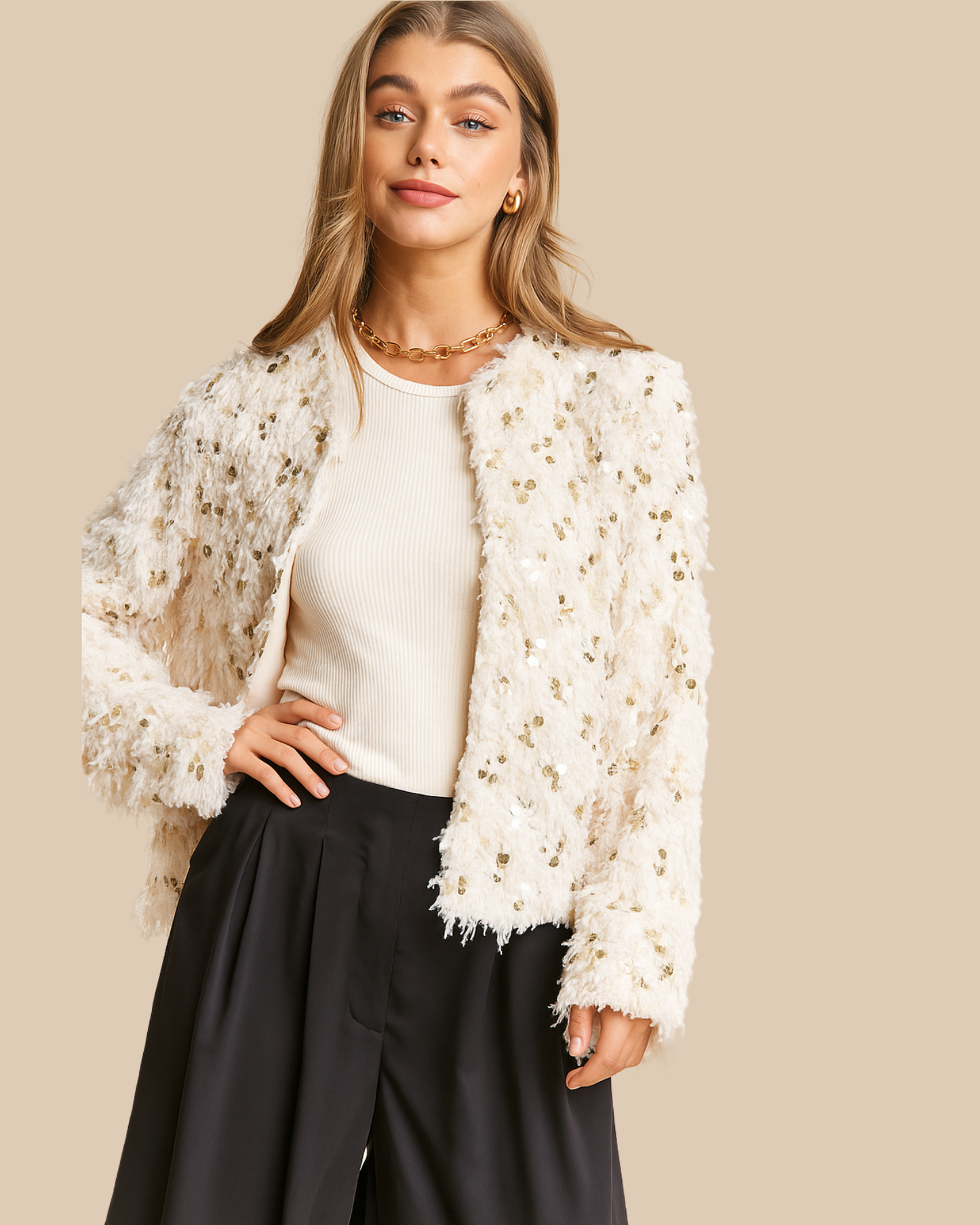 Cream Fuzzy Sequins Jacket
