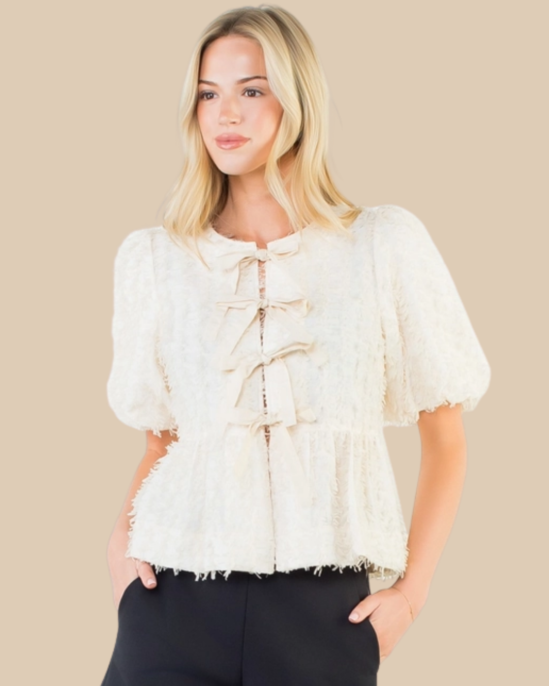 Fringe Texture Front Bow Tie Top