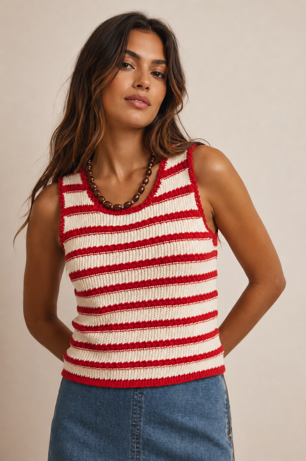 Red Striped Crochet Knit Tank