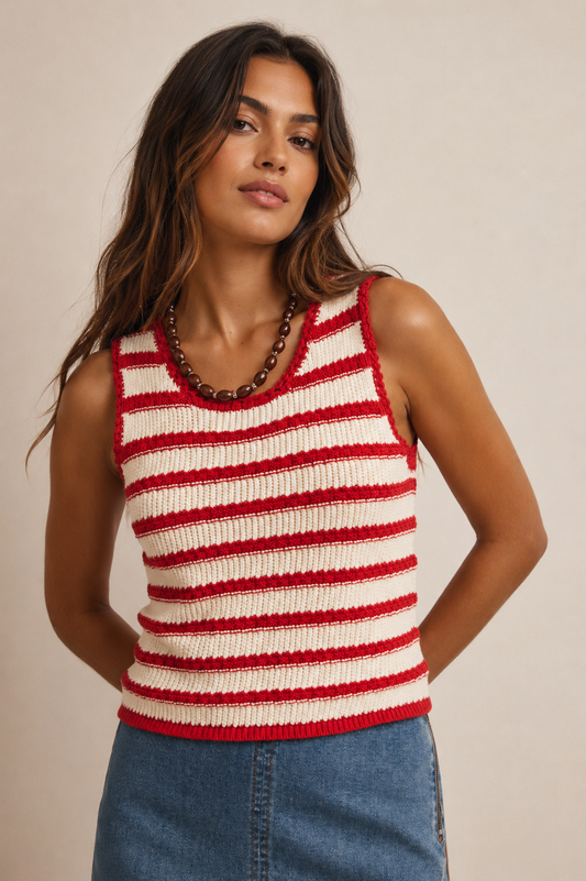 Red Striped Crochet Knit Tank
