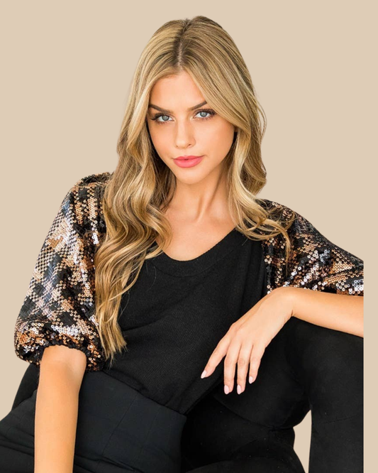 Plaid Sequin Balloon Sleeve Top