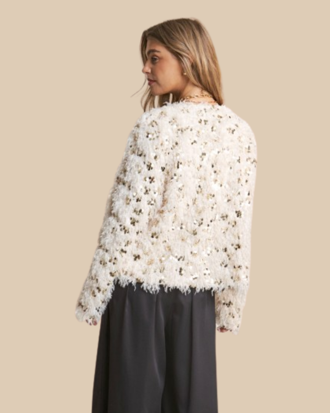Cream Fuzzy Sequins Jacket