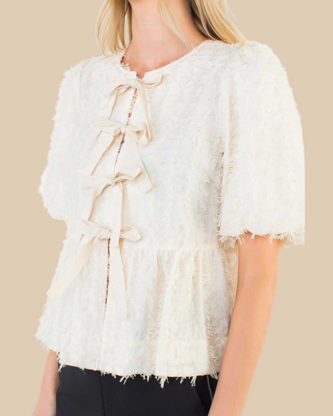 Fringe Texture Front Bow Tie Top