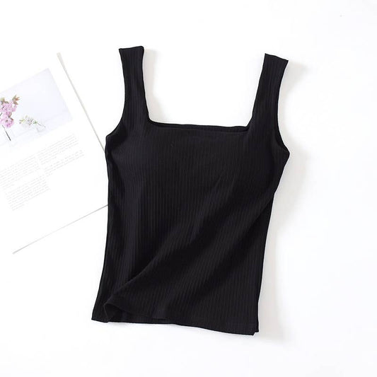 Basic Essential cotton square neck rib tank top w self bra: Black / S